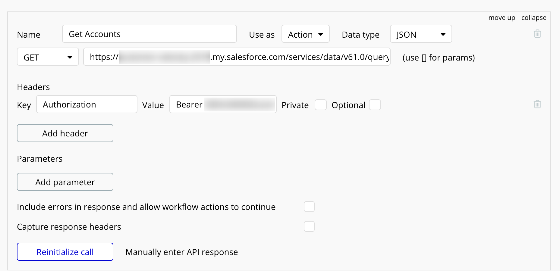 Bubble.io API Connector 'Get Accounts' GET call configured against a Salesforce my.salesforce.com query endpoint with a bearer Authorization header for the access token