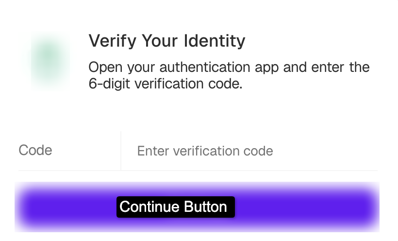 Bubble.io 'Verify Your Identity' group prompting the user for a 6-digit code from their authentication app, with a Continue button highlighted in violet