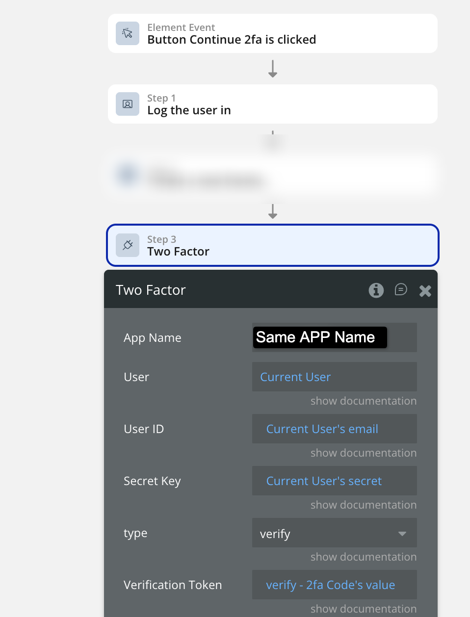 Bubble.io login workflow that logs the user in then runs the Two Factor action in 'verify' mode, passing the 6-digit code from the input as the Verification Token