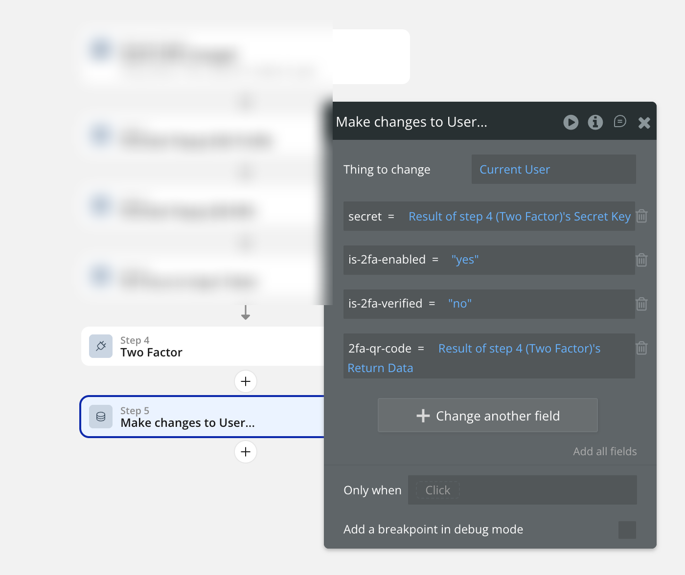 Bubble.io 'Make changes to User' action saving secret, is-2fa-enabled 'yes', is-2fa-verified 'no', and 2fa-qr-code from the Two Factor step result