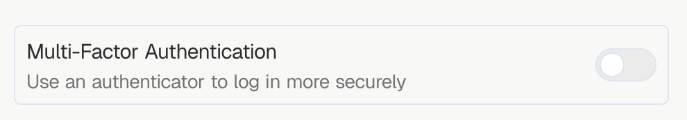 Bubble.io profile-page UI showing a 'Multi-Factor Authentication' row with a toggle switch users flip to enable 2FA on their account