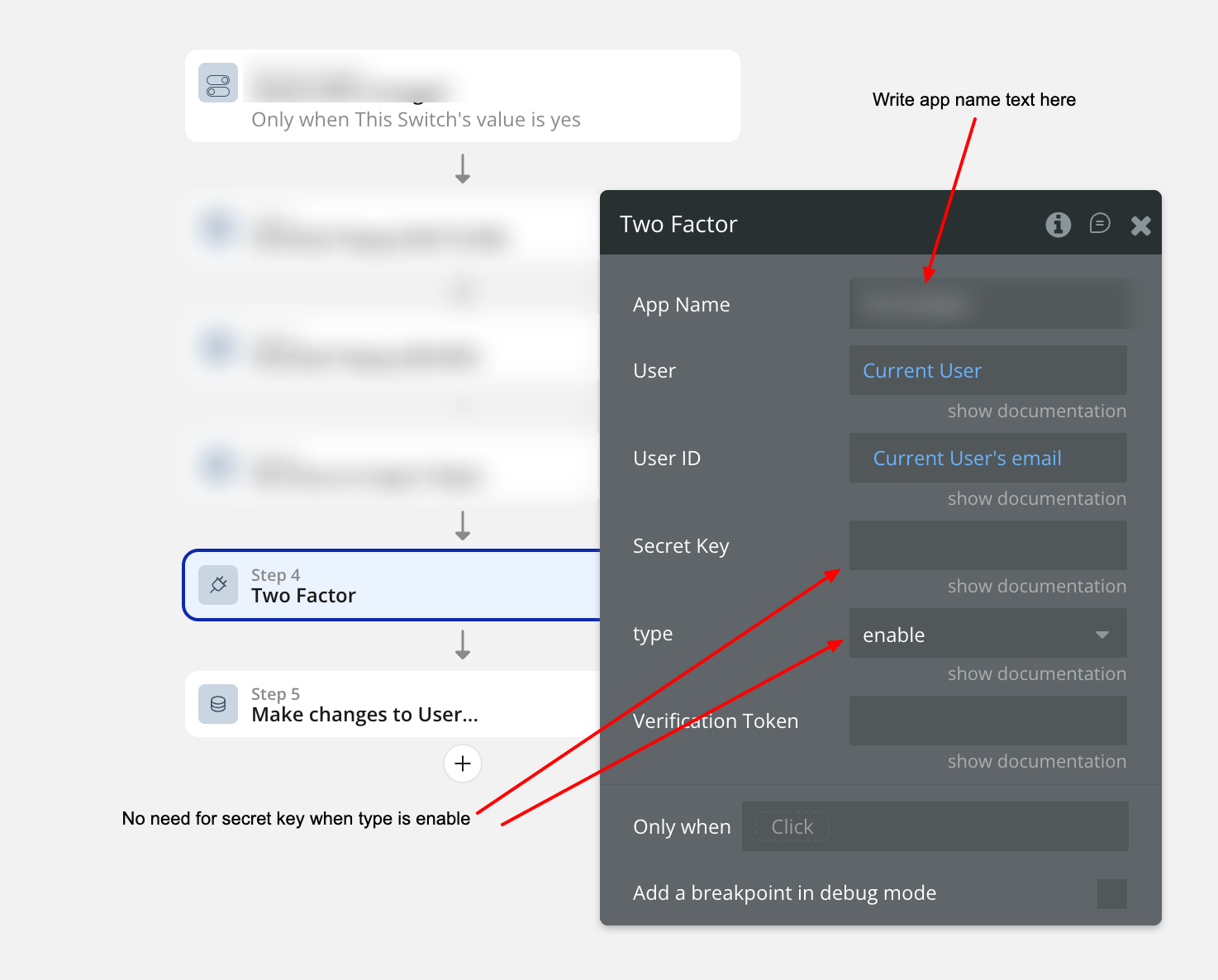 Bubble.io workflow editor with the 'Two Factor' plugin action set to type 'enable', showing App Name, User, and User ID fields and a note that secret key is not needed when enabling