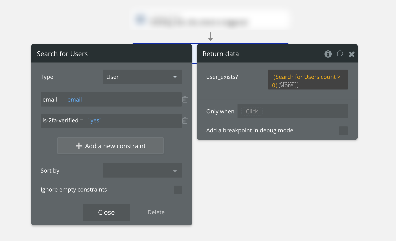 Bubble.io custom event with a 'Search for Users' constrained by email and is-2fa-verified 'yes', then a 'Return data' step exposing user_exists when the search count is greater than zero