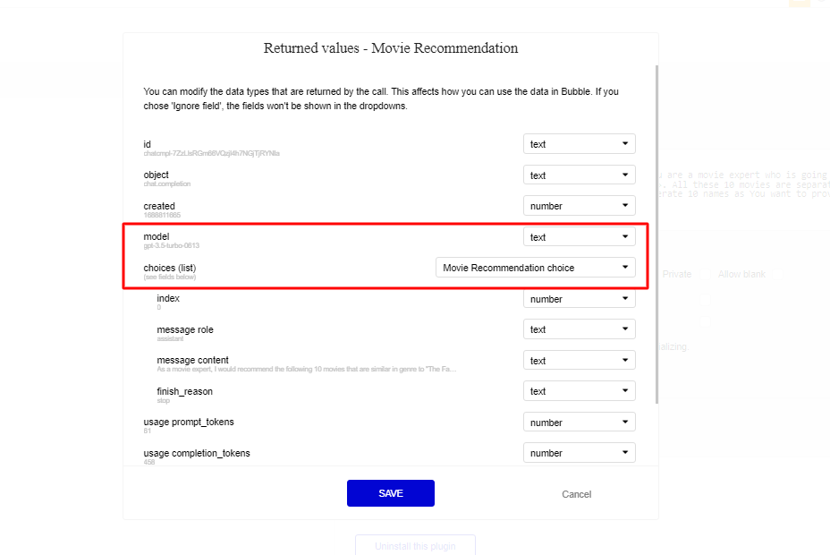Bubble.io 'Returned values' modal for the Movie Recommendation call, with model set to text and choices set as a list type so it can drive a repeating group
