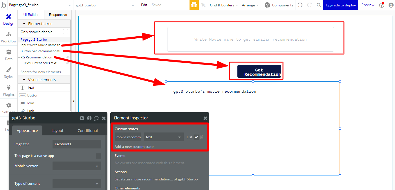 Bubble.io UI builder showing the page setup with a movie name input, 'Get Recommendation' button, and a repeating group bound to a custom state of type text list