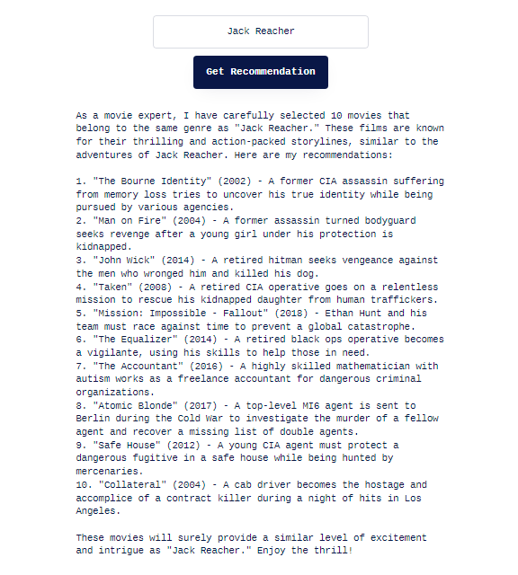 Live preview of the Bubble.io app showing 'Jack Reacher' typed into the input and ten similar movie recommendations returned by the GPT 3.5 Turbo call rendered in the repeating group