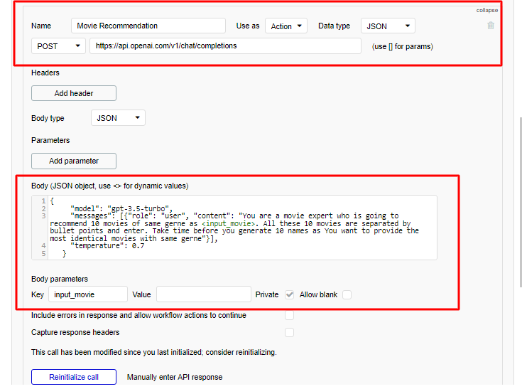Bubble.io API Connector 'Movie Recommendation' POST call configured with the chat completions endpoint, JSON body containing the movie-expert prompt, and an input_movie body parameter