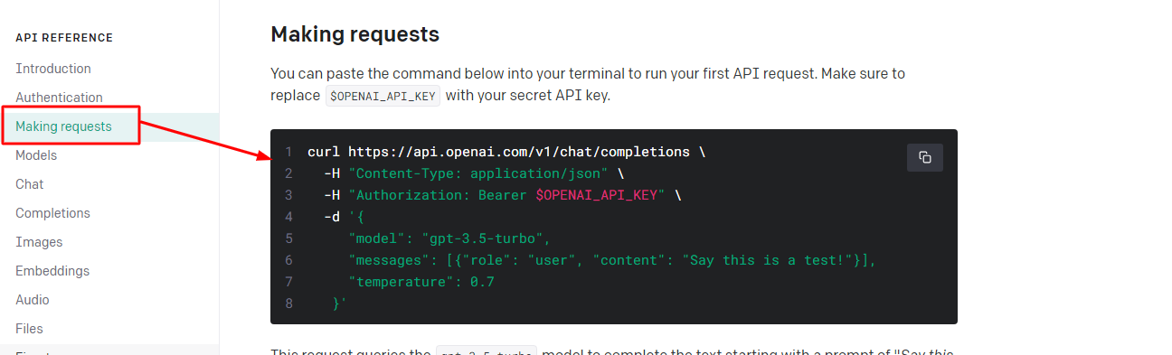 OpenAI API reference 'Making requests' page showing the sample curl command with chat completions endpoint, model gpt-3.5-turbo, and bearer token header