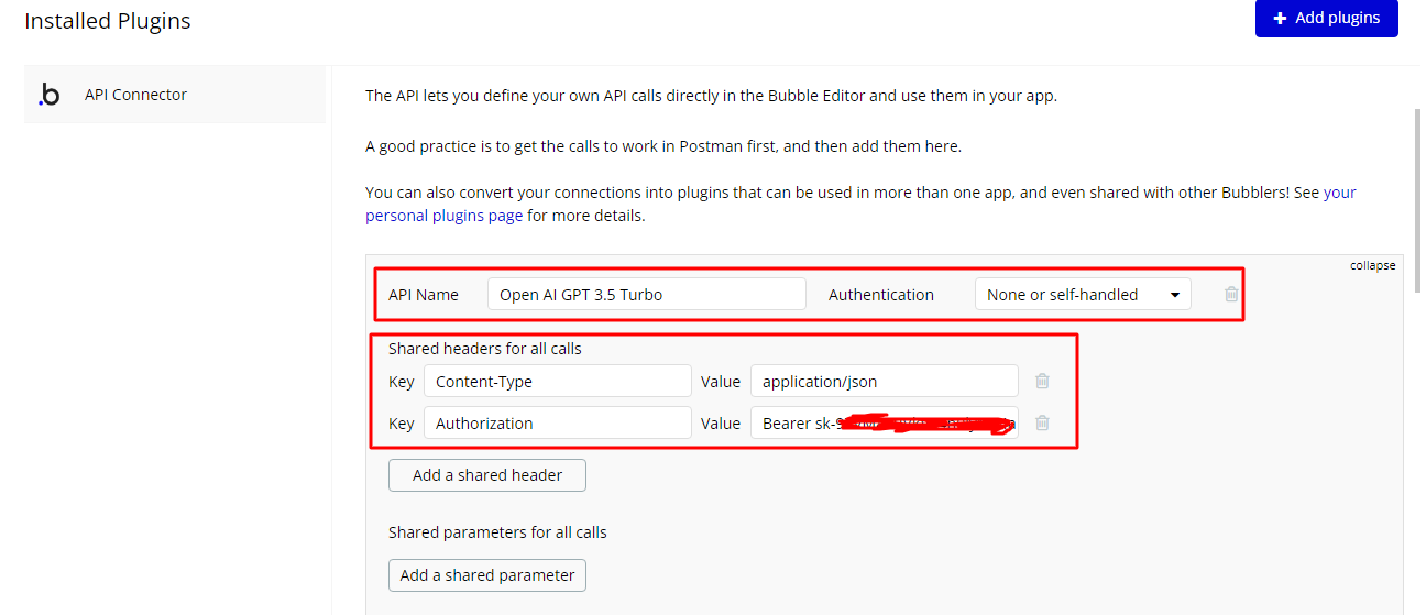 Bubble.io API Connector plugin set up with API name 'Open AI GPT 3.5 Turbo', authentication 'None or self-handled', and shared headers for Content-Type and Authorization bearer key