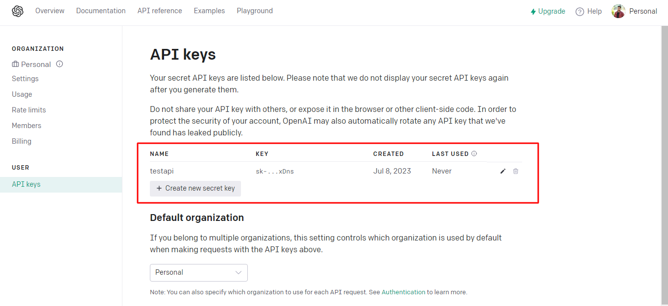 OpenAI dashboard 'API keys' page with a generated secret key named 'testapi' and a 'Create new secret key' button highlighted for the integration setup