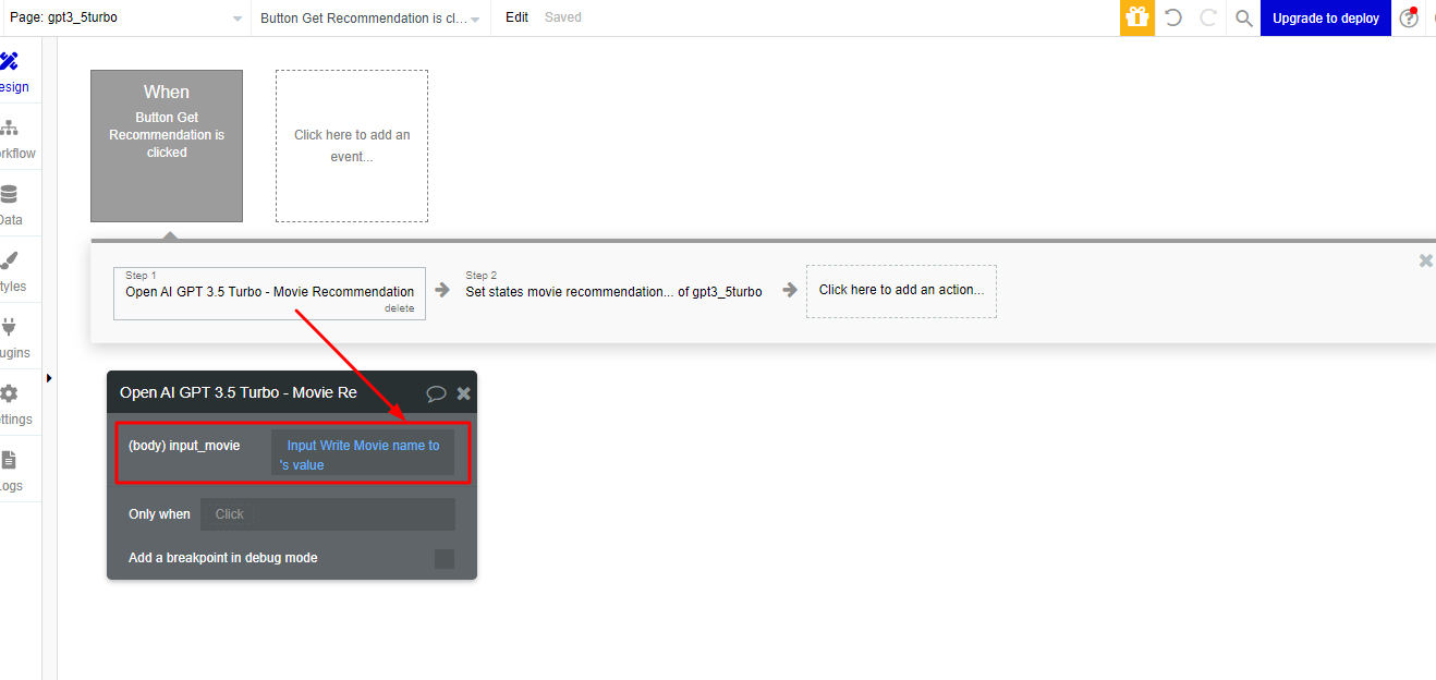 Bubble.io workflow editor for the 'Get Recommendation' button click, with Step 1 calling the Open AI GPT 3.5 Turbo action and the input_movie body field bound to the input value