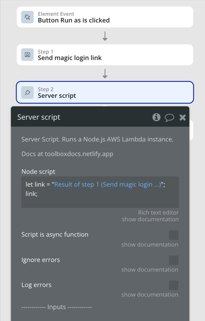 Bubble.io Toolbox Server Script action chained after the magic-link step, with a Node.js snippet that assigns the magic link to a variable and returns it