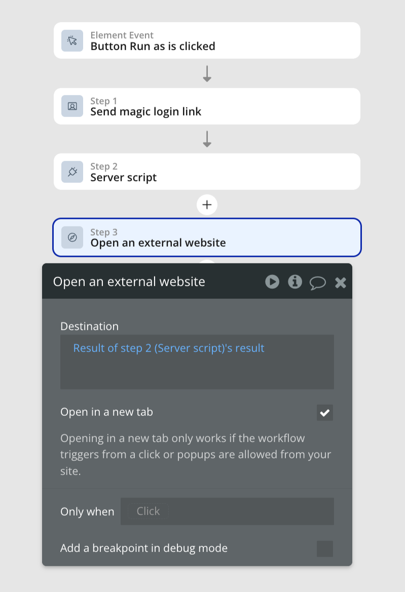 Bubble.io workflow with Step 3 'Open an external website' set to the Server script result and 'Open in a new tab' checked, redirecting the admin into the user's session