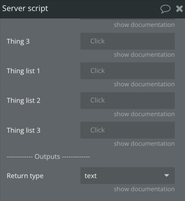 Bubble.io Server Script Outputs panel with Return type set to text, so the magic-link string is exposed for the next workflow step