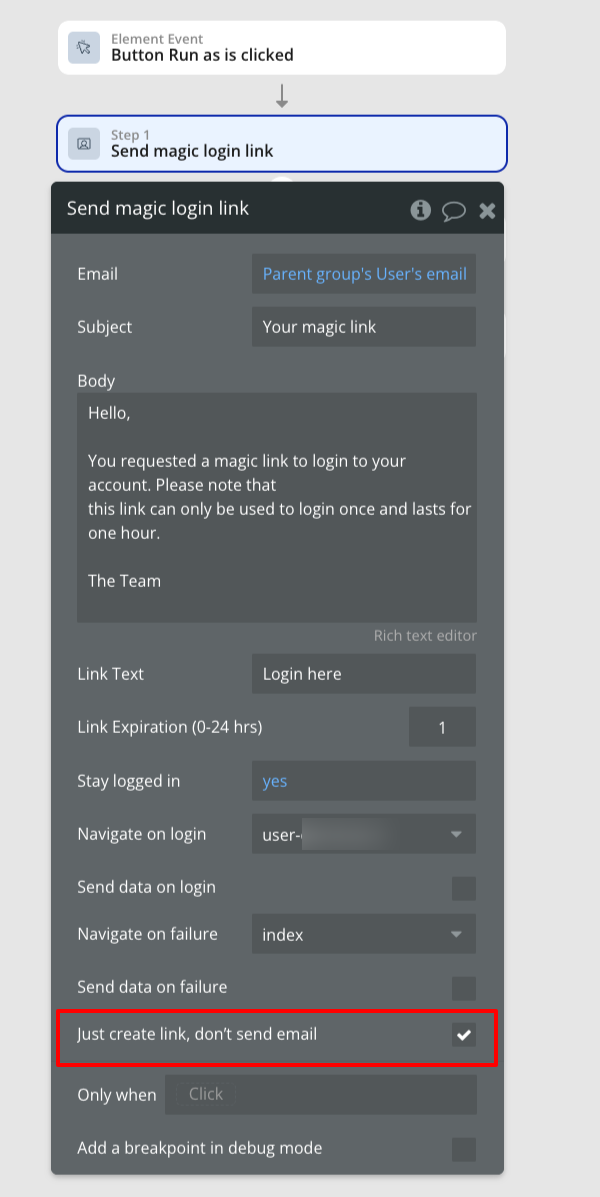 Bubble.io 'Send magic login link' workflow action targeting the parent group's user email, with the 'Just create link, don't send email' option highlighted in red
