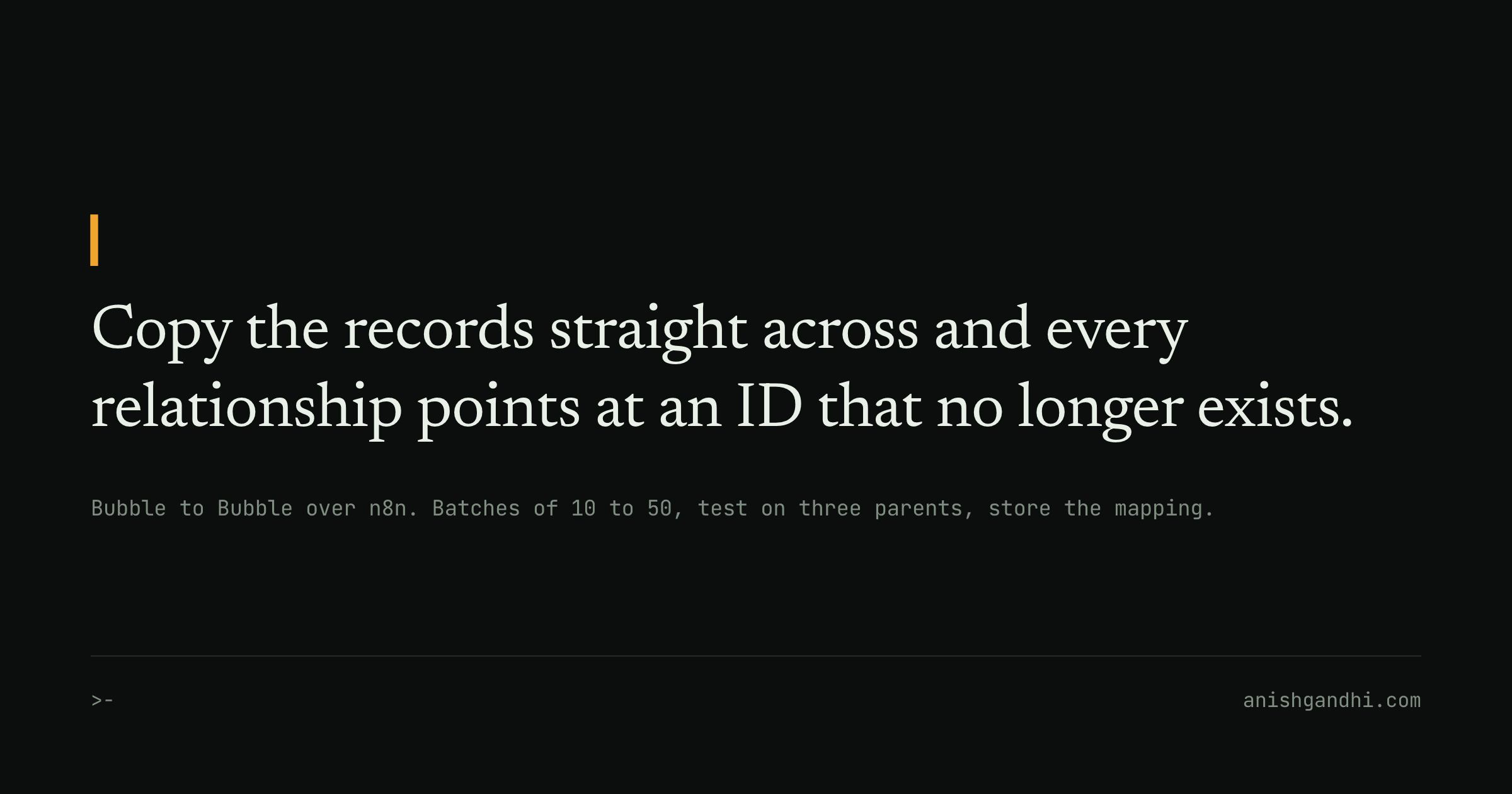 Copy the records straight across and every relationship points at an ID that no longer exists.