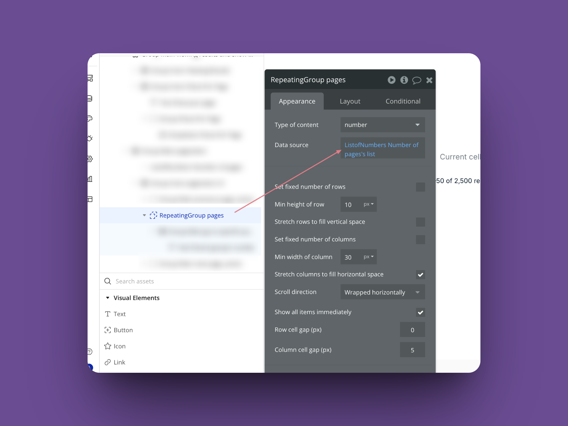 Bubble.io pagination: Repeating Group page numbers data source