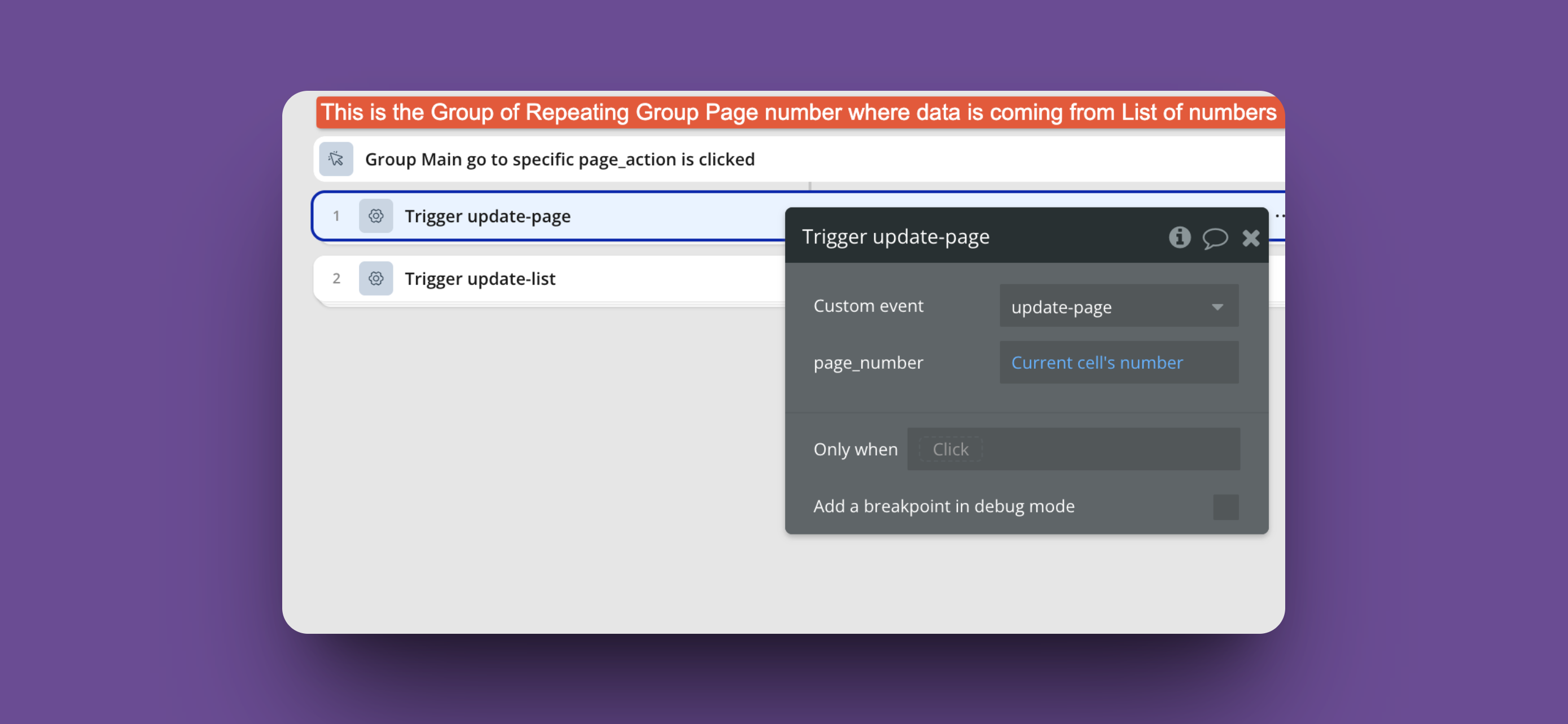 Bubble.io pagination: Create Page number click workflow event