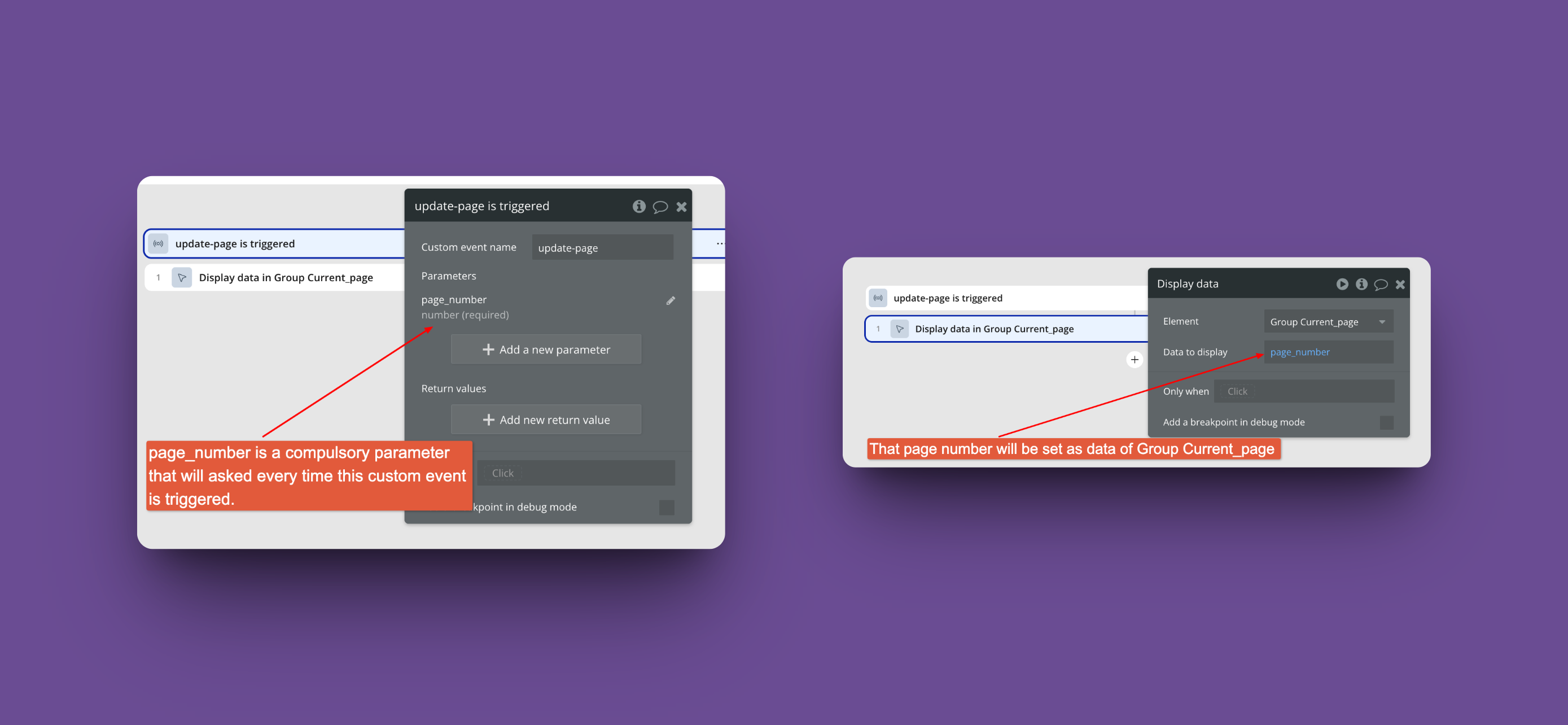 Bubble.io pagination: Custom event for setting page and entry numbes