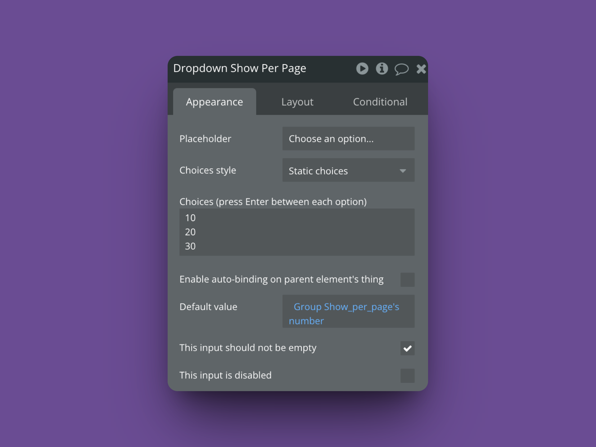 Bubble.io pagination : Select number of entries per page