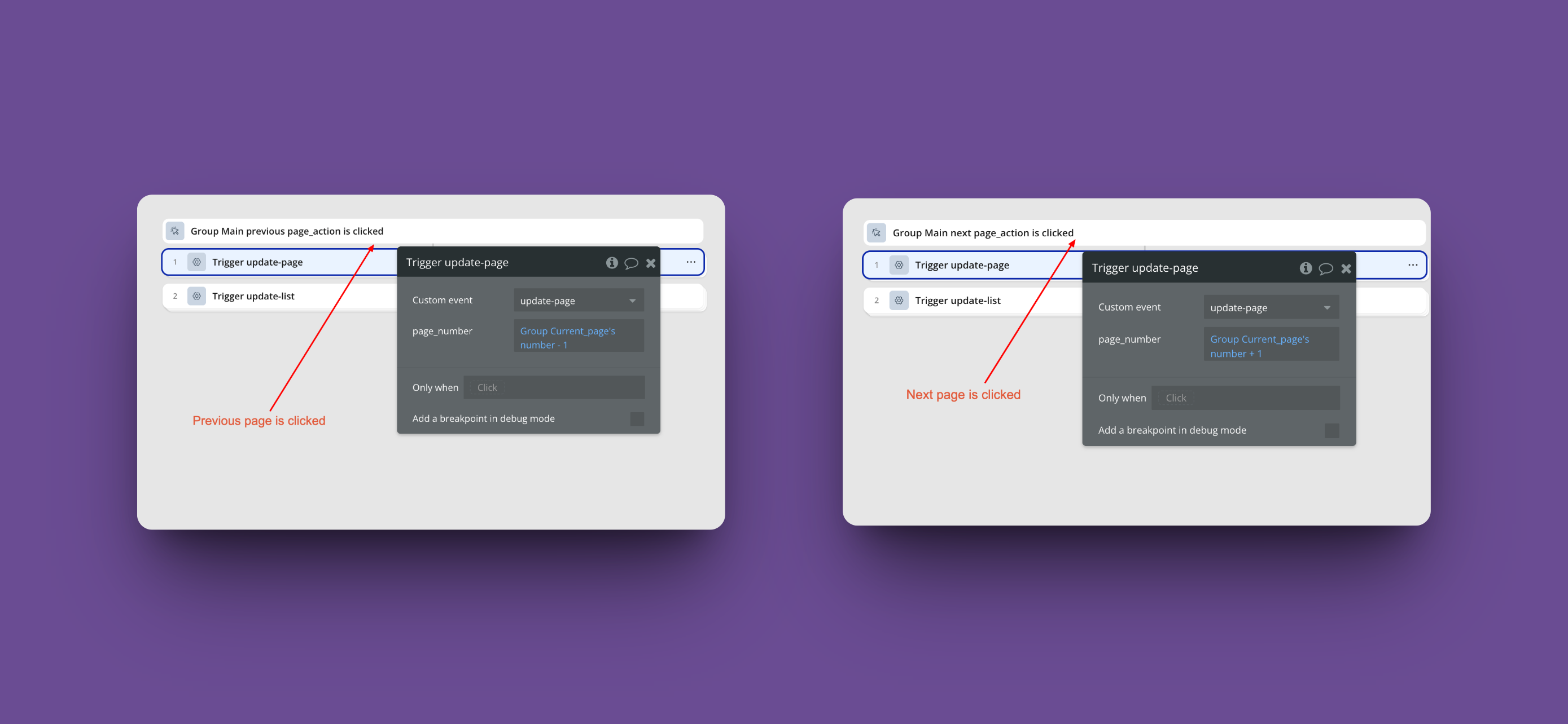 Bubble.io pagination - Create Previous and Next button click workflow event
