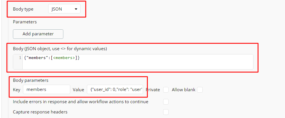Bubble.io API Connector with Body type set to JSON, the Body field wrapping a 'members' placeholder, and a Body parameter named 'members' carrying a nested object with user_id and role