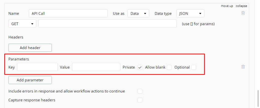 Bubble.io API Connector form with Data type JSON, GET method selected, and the Parameters section highlighted with empty Key and Value fields plus Private, Allow blank, and Optional checkboxes