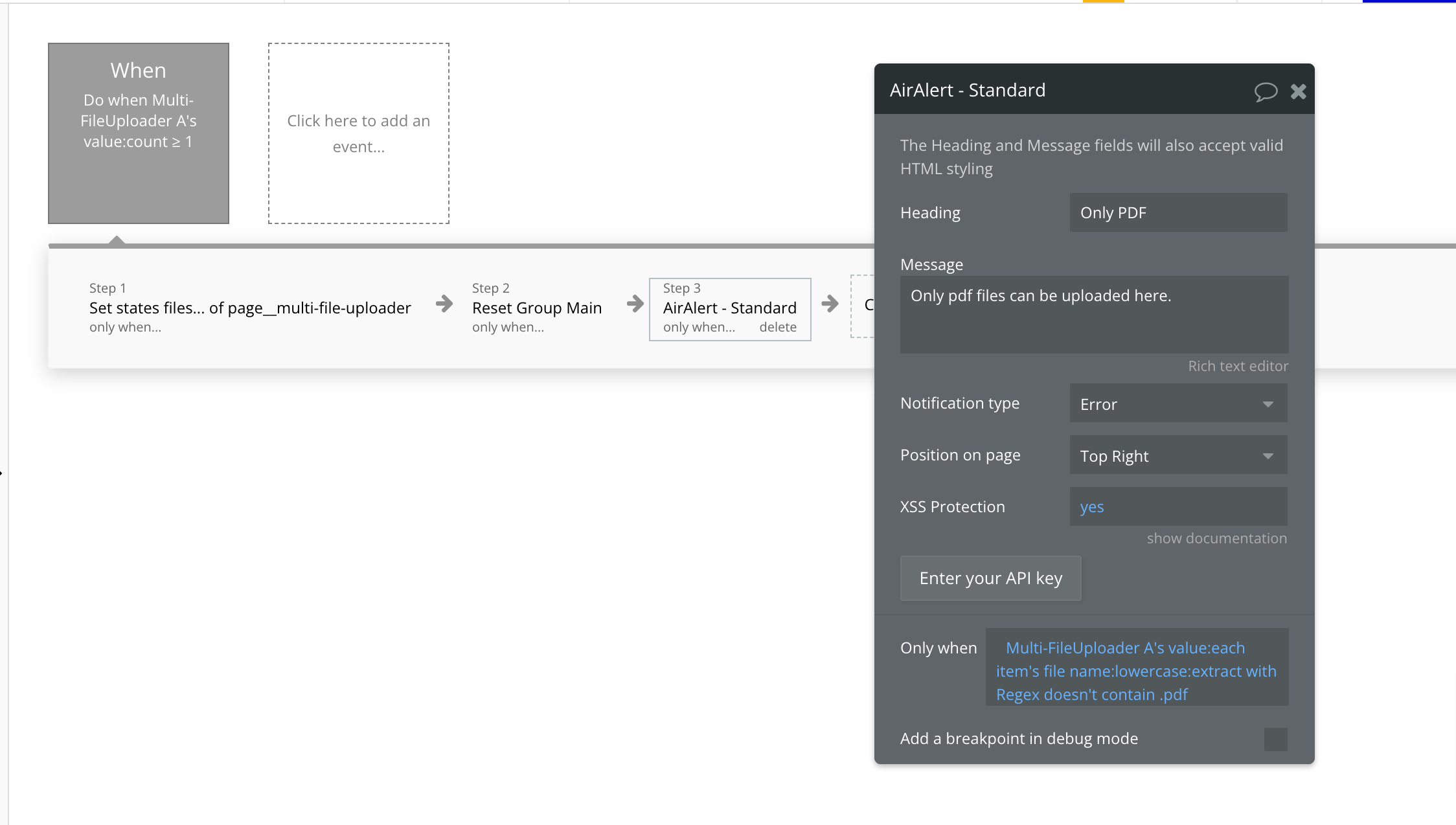 Bubble.io workflow with three steps (Set states files, Reset Group Main, AirAlert Standard 'Only PDF' error), the alert running only when the regex check fails so non-PDFs are rejected