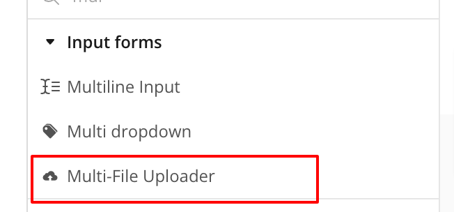 Bubble.io design tab 'Input forms' section with the 'Multi-File Uploader' element highlighted so it can be dragged onto the page