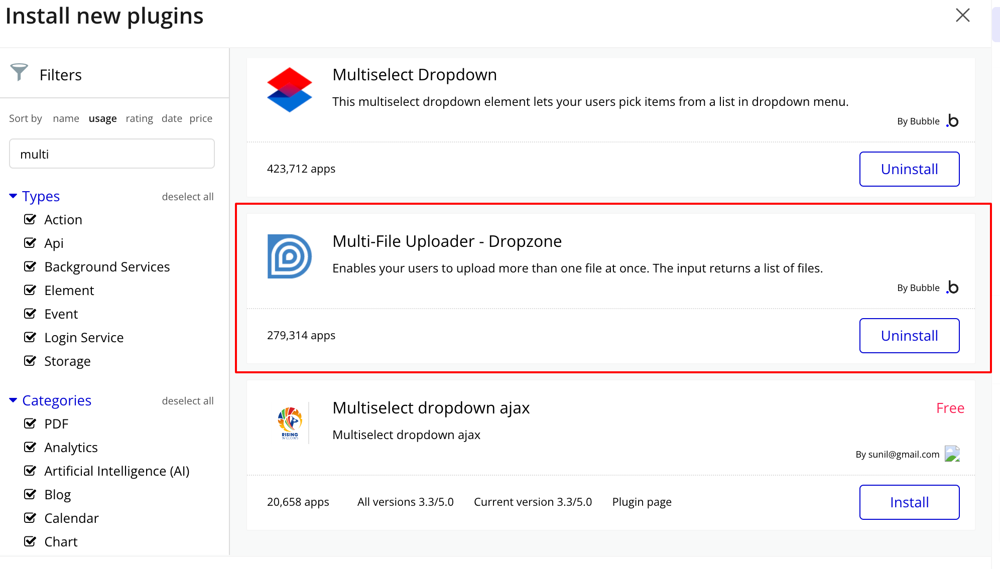 Bubble.io 'Install new plugins' panel with the official 'Multi-File Uploader, Dropzone' plugin highlighted, ready to be installed for the file-type restriction tutorial