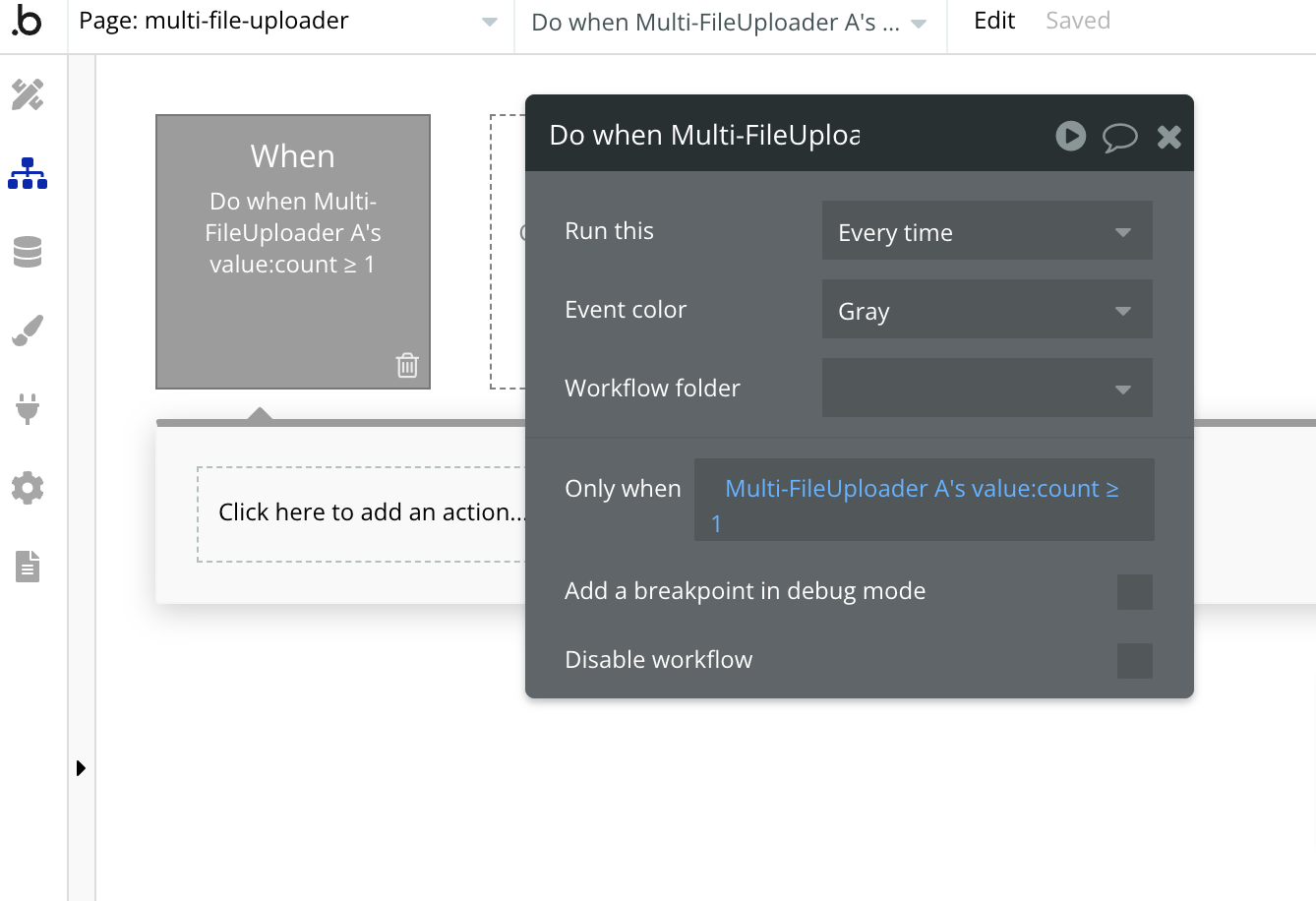 Bubble.io workflow 'Do when condition is true' event configured to run every time the Multi-FileUploader value count is greater than or equal to one
