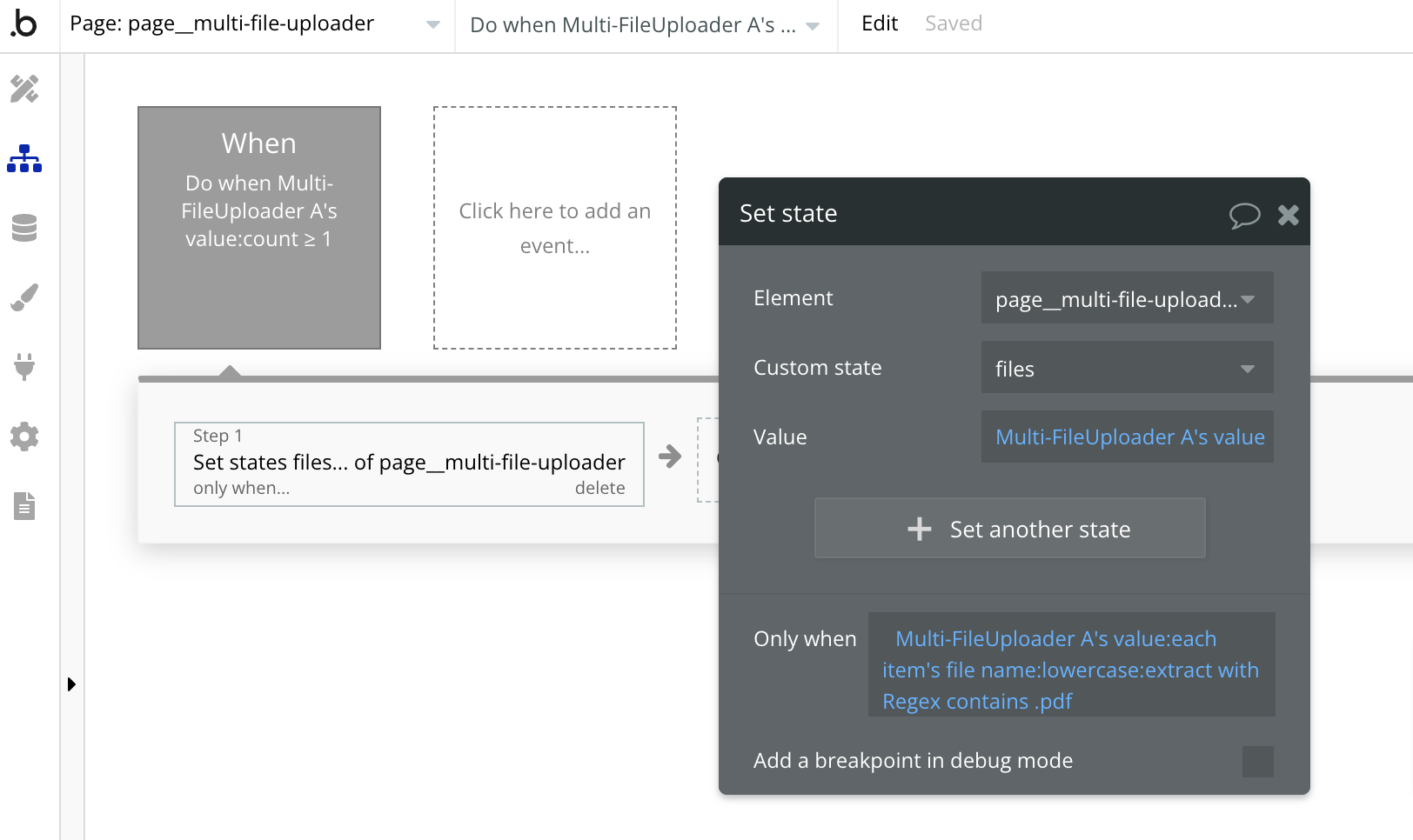 Bubble.io 'Set state' action storing the uploader value into the files custom state, gated by a regex condition that each item's file name extract contains '.pdf'