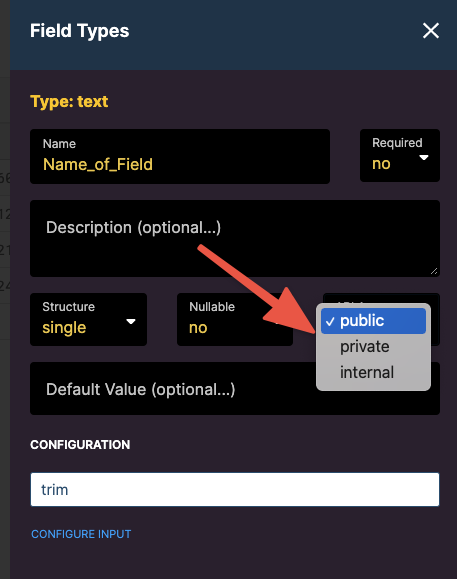 Xano 'Field Types' panel for a text field, with the API Access dropdown opened to show its three options: public (selected), private, and internal