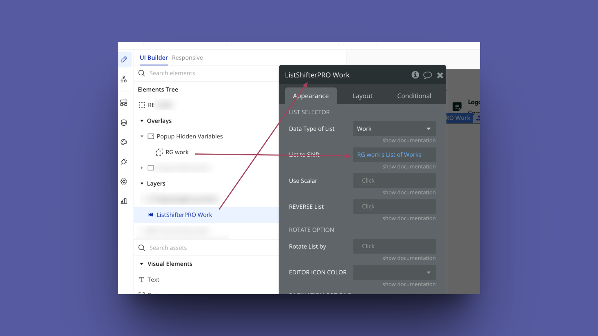 Screenshot of a UI builder interface showing the elements tree and settings for "ListShifterPRO Work." An arrow highlights the "List to Shift" option, which is set to "RG work's List of Works." The layout includes options for appearance and list manipulation functions like using scalars and rotating lists.