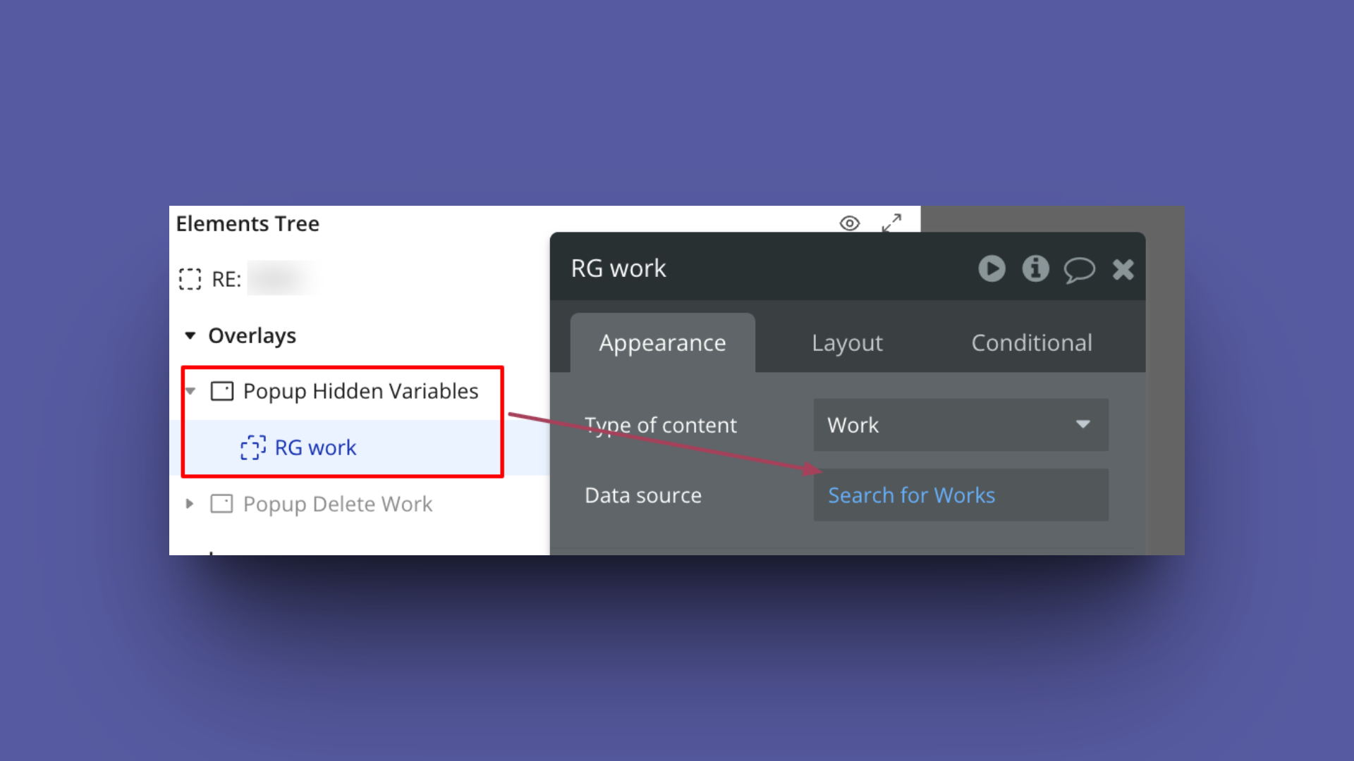 Interface showing an Elements Tree with a highlighted "Popup Hidden Variables" section containing "RG work," connected to a settings panel. The panel displays options for "Type of content" set to "Work" and "Data source" for "Search for Works."