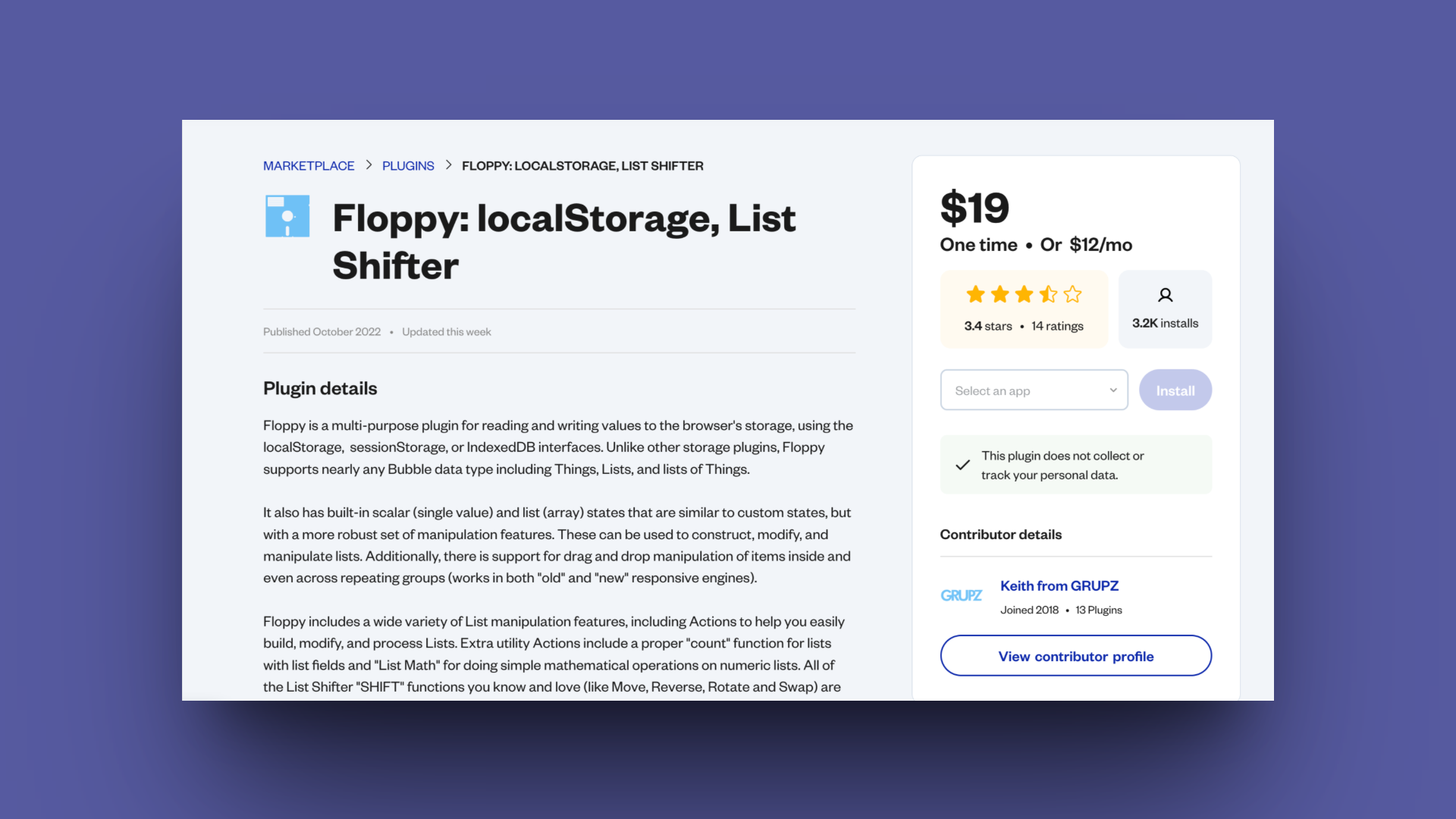 A product page for the "Floppy: localStorage, List Shifter" plugin, priced at $19 or $12/month. It has a 3.4-star rating from 14 reviews and 3.2K installs. The plugin details describe its functions for managing browser storage and manipulating lists. It includes contributor details for Keith from GRUPZ.