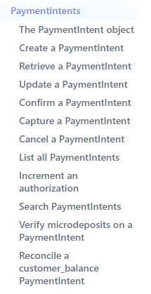 Stripe API documentation sidebar listing the PaymentIntents endpoints such as create, retrieve, update, confirm, capture, cancel, and increment authorization
