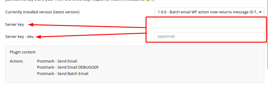 Bubble.io plugin settings panel for Rich Postmark Emails with the Server key and Server key dev fields highlighted for pasting the Postmark token