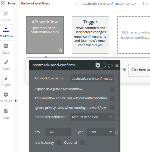 Bubble.io Backend workflows view with a new 'postmark-send-confirmation-email' API workflow being defined and a manual User parameter added