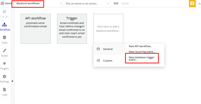 Bubble.io Backend workflows menu open with 'New database trigger event' highlighted, the option that fires when a User row changes