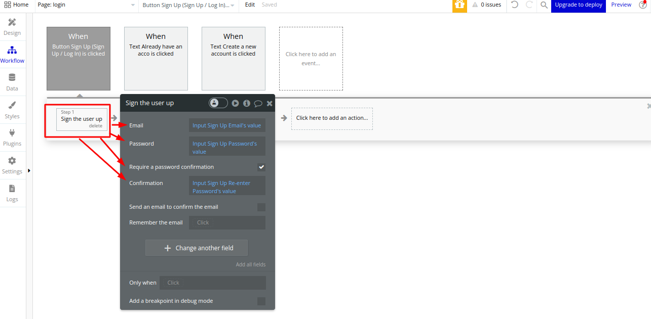 Bubble.io workflow editor with the 'Sign the user up' action wired to Email, Password, and Confirmation inputs and 'Require a password confirmation' ticked