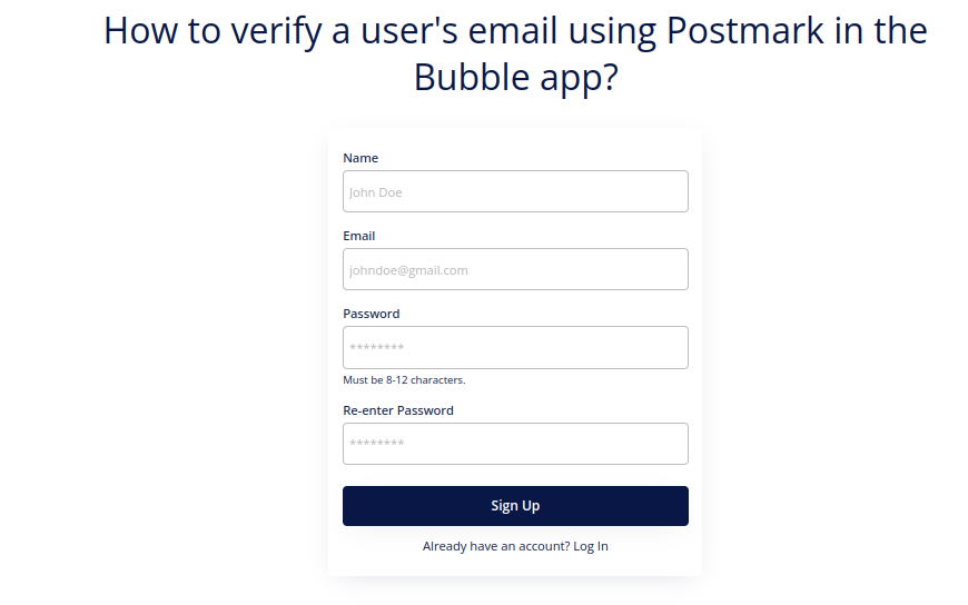 Bubble.io signup page preview with Name, Email, Password and Re-enter Password fields above a Sign Up button, the form users will register through