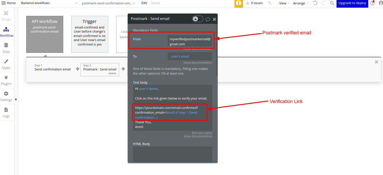 Bubble.io 'Postmark - Send email' action with callouts on the verified From address and the verification link inside the text body that uses Result of step 1