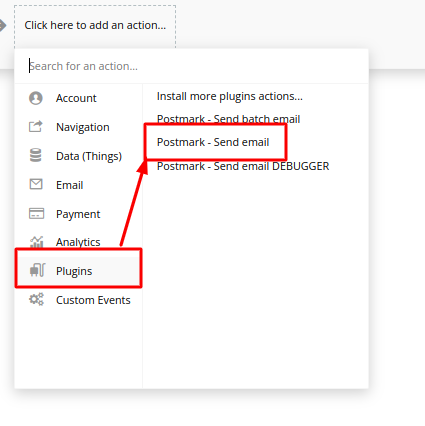 Bubble.io action picker filtered to the Plugins category with 'Postmark - Send email' highlighted, the action that actually delivers the verification email