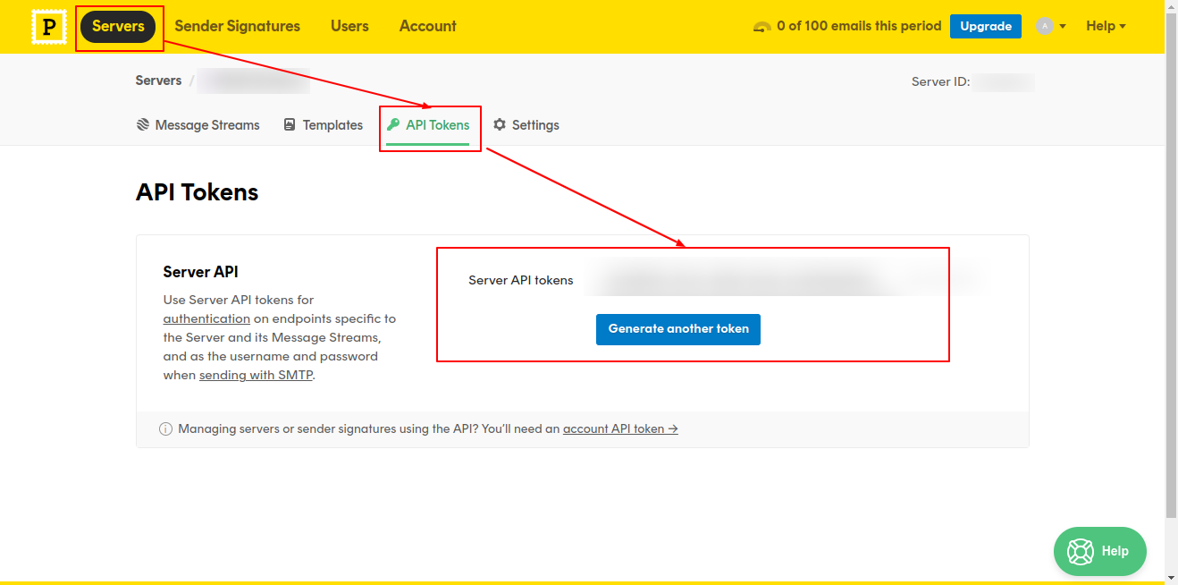 Postmark Servers area with red callouts on the API Tokens tab and the Server API token field, showing where to copy the token for the Bubble plugin