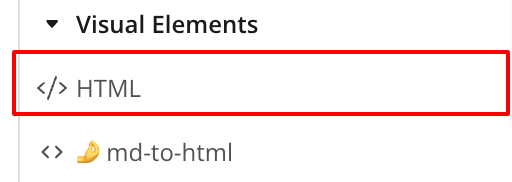 Bubble.io Visual Elements panel showing the standard HTML element highlighted alongside the installed md-to-html plugin element, ready to drop on the page as a visual output container