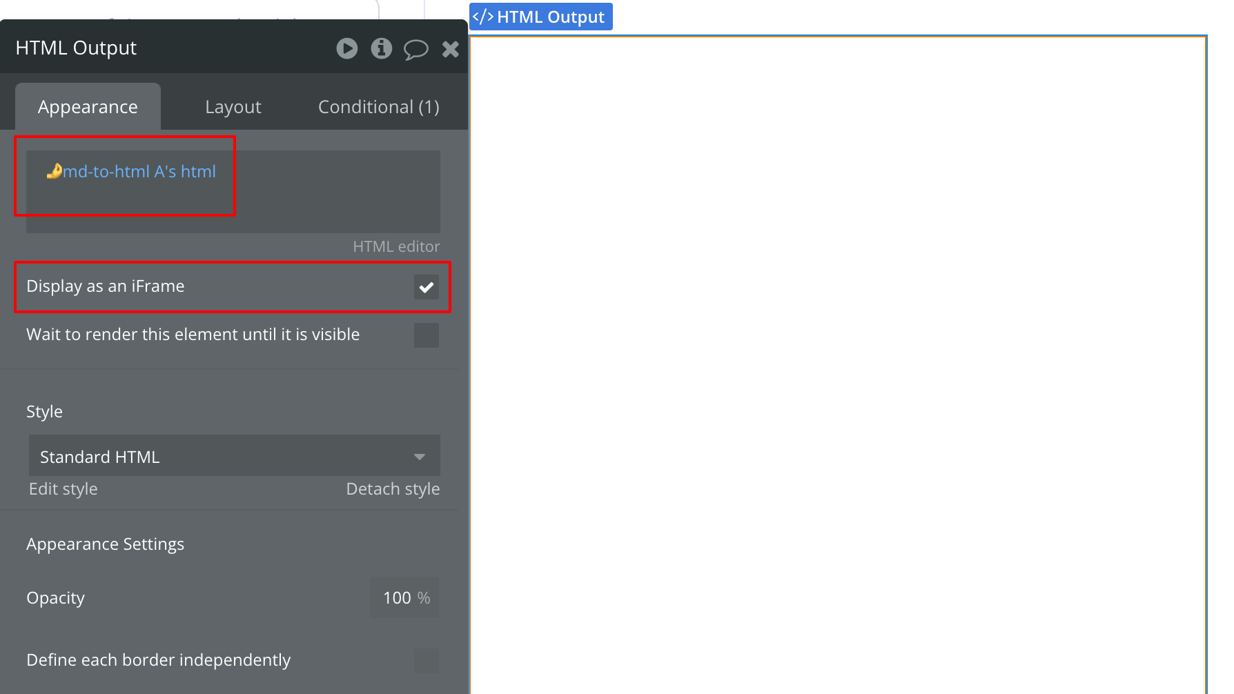 Bubble.io HTML Output element Appearance panel with the body bound to the md-to-html element's html value and the 'Display as an iFrame' option enabled so the converted content renders sandboxed