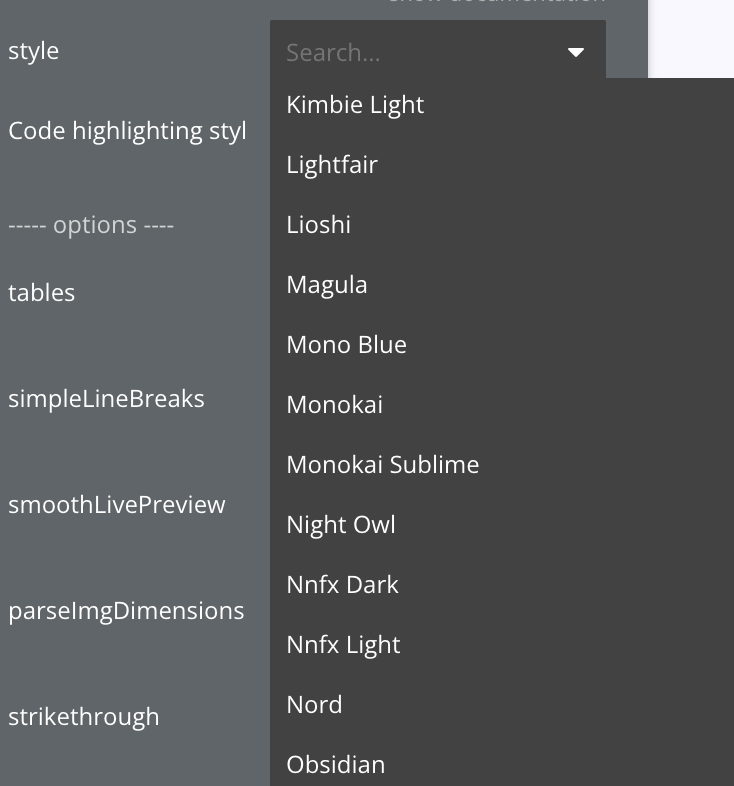 Bubble.io style dropdown open on the md-to-html element listing pre-defined code highlighting themes such as Monokai, Night Owl, Nord, and Obsidian