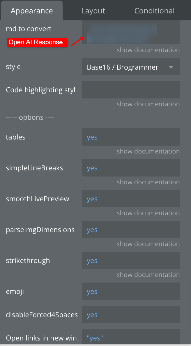 Bubble.io Appearance panel for the md-to-html element with 'md to convert' wired to the Open AI Response, style 'Base16 / Brogrammer', and tables, line breaks, image dimensions, and emoji toggles on