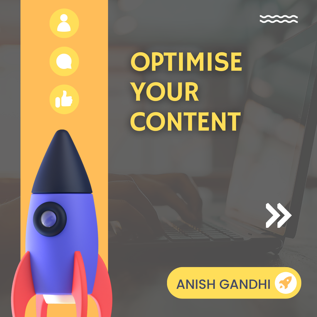 Yellow editorial card reading 'Optimise your content' next to a rocket illustration and engagement icons, marking the on-page SEO optimisation step